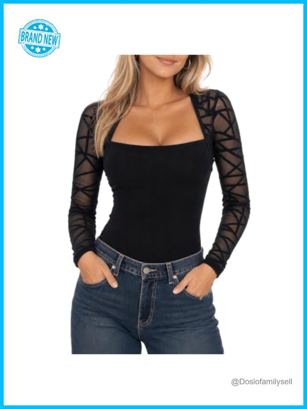 Women's Sheer Mesh Long Sleeve Square Neck Fitted Blouse Party Top